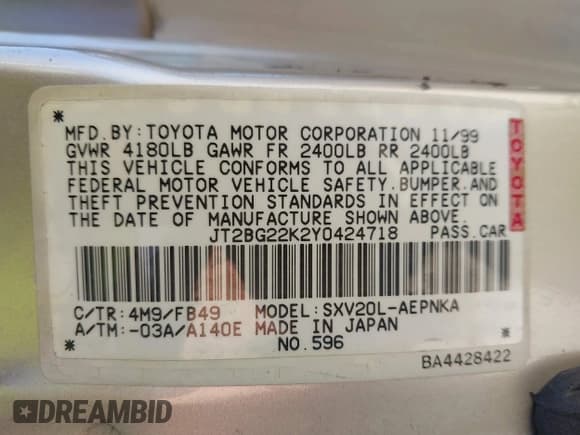 ✅ 2000 Toyota Camry CE • VIN: JT2BG22K2Y0424718 • Lot: 43158770. Listed on IAAI with 280,939 mi. Free auction sales archive from the USA and detailed vehicle history report at DreamBid. Image 9.