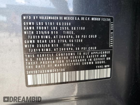 ✅ 2021 Volkswagen Tiguan SE • VIN: 3VV3B7AX6MM049106 • Lot: 69588725. Listed on Copart with 22,483 mi. Free auction sales archive from the USA and detailed vehicle history report at DreamBid. Image 13.