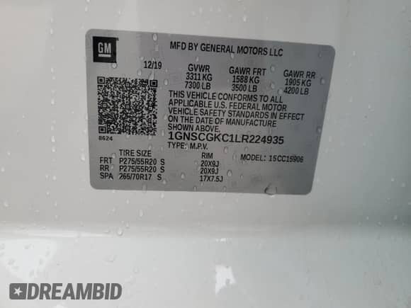 2020 Chevrolet Suburban LS z VIN 1GNSCGKC1LR224935, wystawiony jako Copart lot #69923135 z przebiegiem 60 176 mil mil oraz Szkoda całkowita • Salvage title. Historia ofert i sprzedaży dostępna na DreamBid. Obrazek 14.