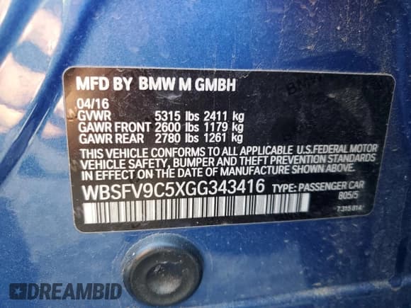 ✅ 2016 BMW M5 • VIN: WBSFV9C5XGG343416 • Lot: 84987105. Listed on Copart with 54,911 mi. Free auction sales archive from the USA and detailed vehicle history report at DreamBid. Image 12.