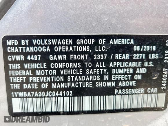 ✅ 2018 Volkswagen Passat SE • VIN: 1VWBA7A30JC044102 • Lot: 58004675. Listed on Copart with 56,199 mi. Free auction sales archive from the USA and detailed vehicle history report at DreamBid. Image 12.