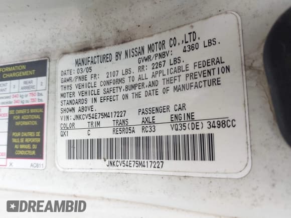 ✅ 2005 Infiniti G35 • VIN: JNKCV54E75M417227 • Lot: 42918274. Listed on IAAI with 129,927 mi. Free auction sales archive from the USA and detailed vehicle history report at DreamBid. Image 9.