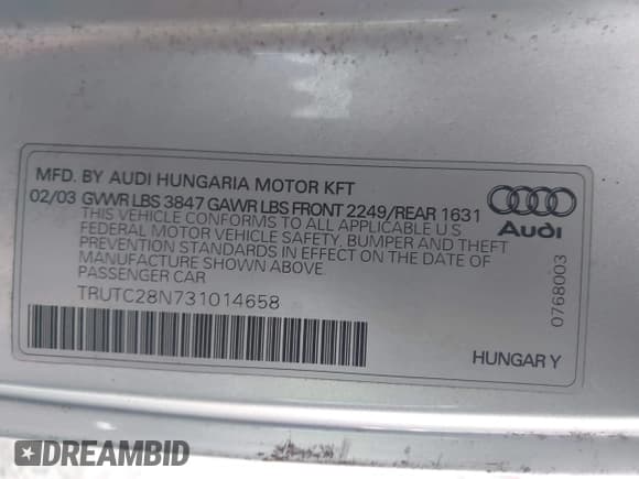 ✅ 2003 Audi TT • VIN: TRUTC28N731014658 • Lot: 43697171. Wystawiony na IAAI z przebiegiem 132 004 mil. Bezpłatny archiwum sprzedaży aukcyjnych z USA i szczegółowy raport historii pojazdu na DreamBid. Zdjęcie 9.