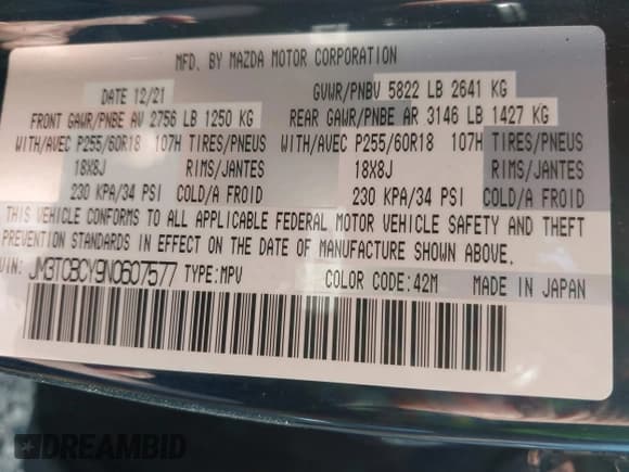 ✅ 2022 Mazda CX-9 Touring • VIN: JM3TCBCY9N0607577 • Lot: 43677429. Listed on IAAI with Not provided. Free auction sales archive from the USA and detailed vehicle history report at DreamBid. Image 9.