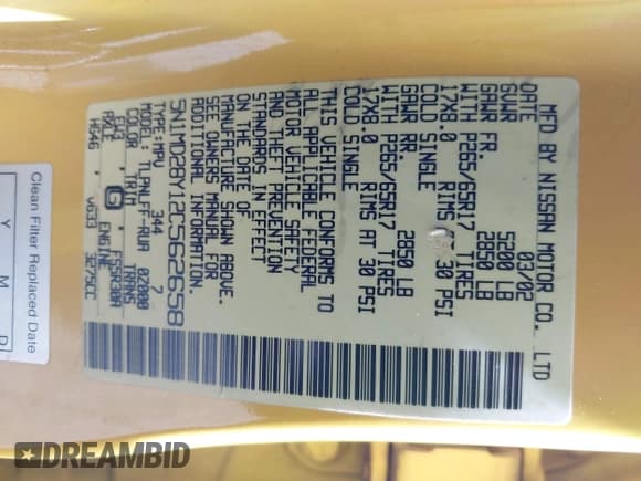 ✅ 2002 Nissan Xterra XE SC • VIN: 5N1MD28Y12C562658 • Лот: 42391532. Опубликован ранее на IAAI с пробегом 103 311 миль. Бесплатный доступ к архиву аукционных продаж из США и подробный отчёт об истории автомобиля на DreamBid. Изображение 9.