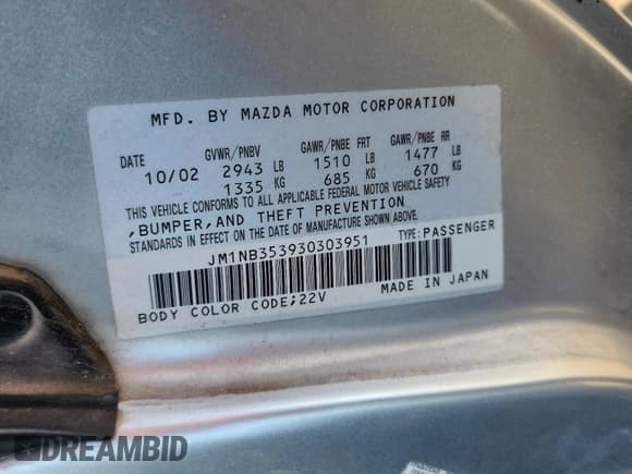 ✅ 2003 Mazda MX-5 Miata Cloth • VIN: JM1NB353930303951 • Lot: 92864335. Wystawiony na Copart z przebiegiem 107 055 mil. Bezpłatny archiwum sprzedaży aukcyjnych z USA i szczegółowy raport historii pojazdu na DreamBid. Zdjęcie 12.