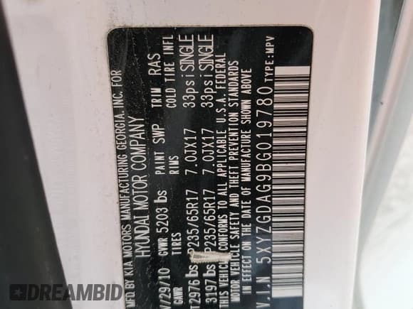 ✅ 2011 Hyundai Santa Fe GLS • VIN: 5XYZGDAG9BG019780 • Lot: 61862875. Listed on Copart with 182,897 mi. Free auction sales archive from the USA and detailed vehicle history report at DreamBid. Image 13.