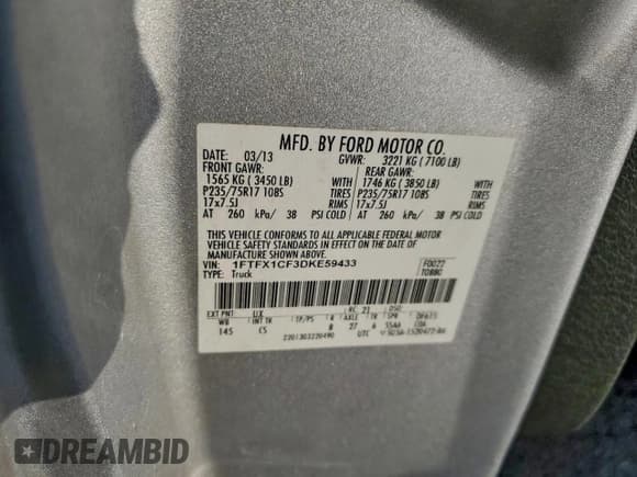 ✅ 2013 Ford F-150 XL • VIN: 1FTFX1CF3DKE59433 • Лот: 94237615. Опубликован ранее на Copart с пробегом 162 240 миль. Бесплатный доступ к архиву аукционных продаж из США и подробный отчёт об истории автомобиля на DreamBid. Изображение 12.