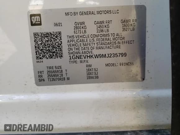 ✅ 2021 Chevrolet Traverse LT • VIN: 1GNEVHKW9MJ235799 • Lot: 62267434. Wystawiony na Copart z przebiegiem 54 602 mil. Bezpłatny archiwum sprzedaży aukcyjnych z USA i szczegółowy raport historii pojazdu na DreamBid. Zdjęcie 13.