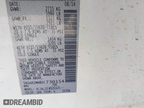 ✅ 2014 Nissan Pathfinder S • VIN: 5N1AR2MN8EC730154 • Lot: 42756118. Listed on IAAI with 168,328 mi. Free auction sales archive from the USA and detailed vehicle history report at DreamBid. Image 9.