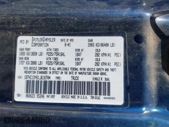 ✅ 2001 Dodge 1500 • VIN: 1B7HC13Y61J616704 • Lot: 43448207. Listed on IAAI with 212,160 mi. Free auction sales archive from the USA and detailed vehicle history report at DreamBid. Image 9.