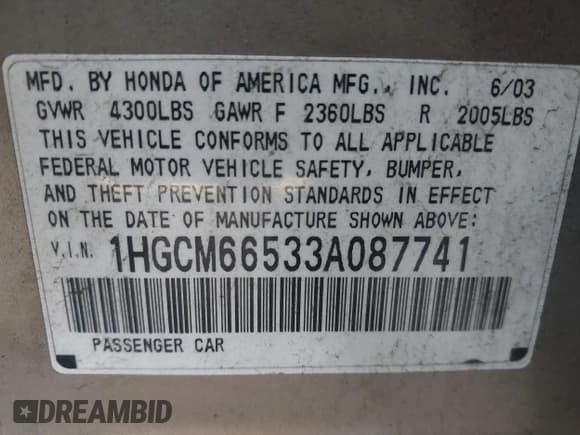 ✅ 2003 Honda Accord EX • VIN: 1HGCM66533A087741 • Lot: 43622819. Listed on IAAI with 186,826 mi. Free auction sales archive from the USA and detailed vehicle history report at DreamBid. Image 9.
