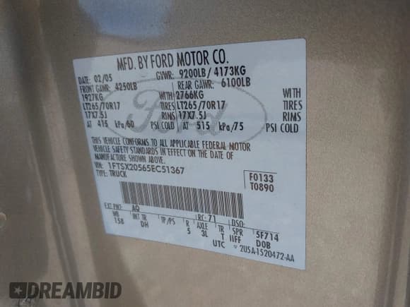 ✅ 2005 Ford F-250 XL • VIN: 1FTSX20565EC51367 • Lot: 41723481. Listed on IAAI with 168,889 mi. Free auction sales archive from the USA and detailed vehicle history report at DreamBid. Image 9.