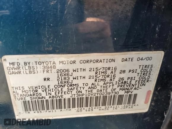 ✅ 2000 Toyota RAV4 • VIN: JT3HP10V2Y0239730 • Lot: 46296315. Listed on Copart with 257,311 mi. Free auction sales archive from the USA and detailed vehicle history report at DreamBid. Image 12.