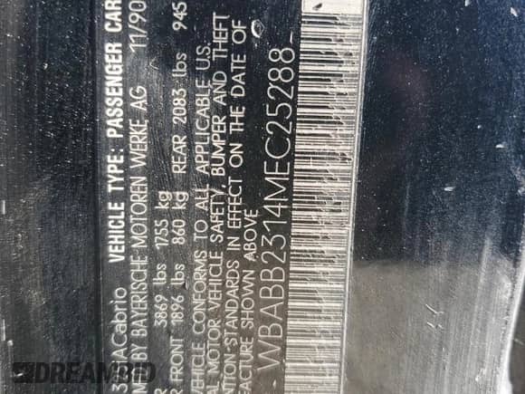 1991 BMW 3 Series z VIN WBABB2314MEC25288, wystawiony jako Copart lot #53748225 z przebiegiem 146 500 mil mil oraz Czysty tytuł • Clean title. Historia ofert i sprzedaży dostępna na DreamBid. Obrazek 12.