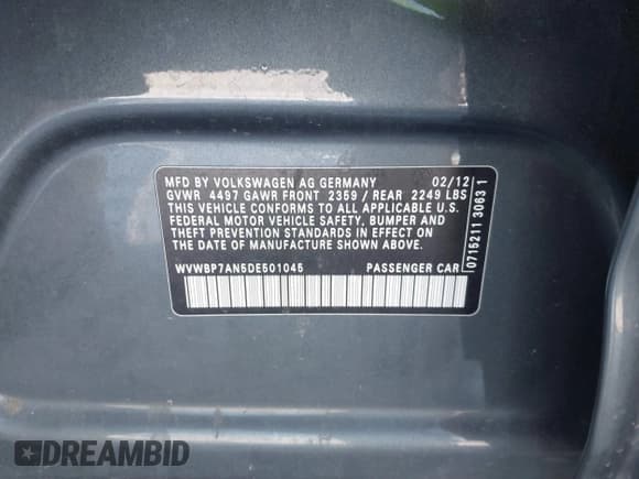 ✅ 2013 Volkswagen CC R-Line • VIN: WVWBP7AN5DE501045 • Lot: 41608518. Listed on IAAI with 109,142 mi. Free auction sales archive from the USA and detailed vehicle history report at DreamBid. Image 9.