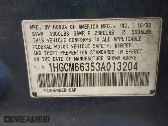 ✅ 2003 Honda Accord LX • VIN: 1HGCM66353A013204 • Lot: 41463511. Listed on IAAI with 265,647 mi. Free auction sales archive from the USA and detailed vehicle history report at DreamBid. Image 9.