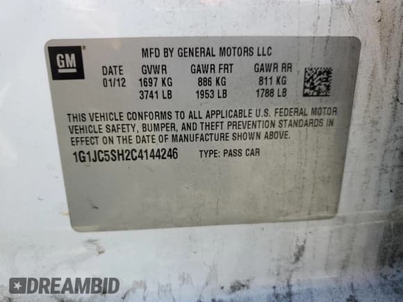 ✅ 2012 Chevrolet Sonic LT • VIN: 1G1JC5SH2C4144246 • Lot: 69415075. Listed on Copart with 153,251 mi. Free auction sales archive from the USA and detailed vehicle history report at DreamBid. Image 12.