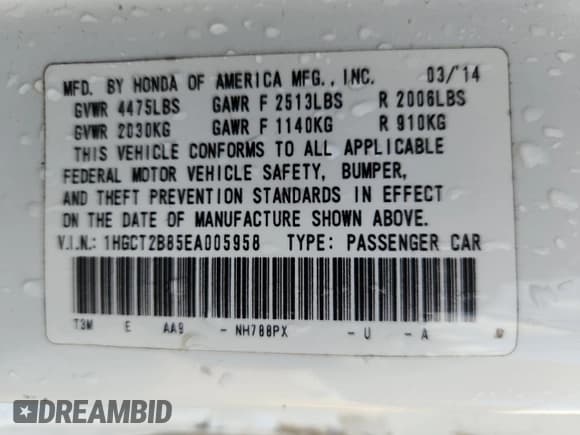 ✅ 2014 Honda Accord EX-L • VIN: 1HGCT2B85EA005958 • Lot: 92845235. Wystawiony na Copart z przebiegiem 180 140 mil. Bezpłatny archiwum sprzedaży aukcyjnych z USA i szczegółowy raport historii pojazdu na DreamBid. Zdjęcie 12.