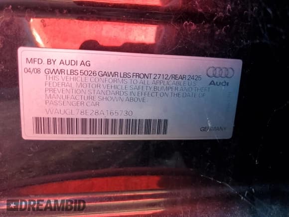 ✅ 2008 Audi S4 • VIN: WAUGL78E28A165730 • Lot: 89393545. Listed on Copart with 104,836 mi. Free auction sales archive from the USA and detailed vehicle history report at DreamBid. Image 12.