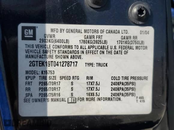 2004 GMC Sierra 1500 SLT with VIN 2GTEK19T041278717, listed as a Copart auction lot 85389975 with Not provided miles and Salvage title. Bid and sale history available at DreamBid. Image 12.