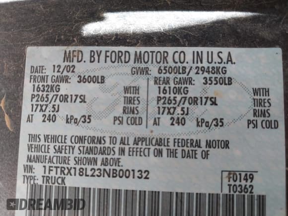 ✅ 2003 Ford F-150 XL • VIN: 1FTRX18L23NB00132 • Lot: 42495004. Listed on IAAI with 281,703 mi. Free auction sales archive from the USA and detailed vehicle history report at DreamBid. Image 9.