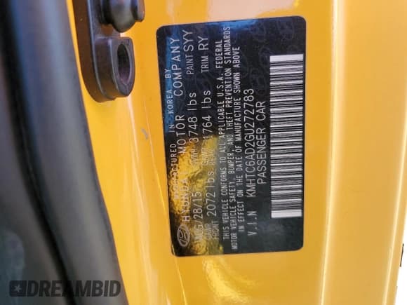 ✅ 2016 Hyundai Veloster • VIN: KMHTC6AD2GU272783 • Lot: 83958484. Listed on Copart with 56,461 mi. Free auction sales archive from the USA and detailed vehicle history report at DreamBid. Image 12.