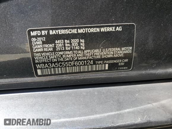 ✅ 2013 BMW 3 Series 328i • VIN: WBA3A5C55DF600124 • Lot: 86682045. Listed on Copart with 104,658 mi. Free auction sales archive from the USA and detailed vehicle history report at DreamBid. Image 12.