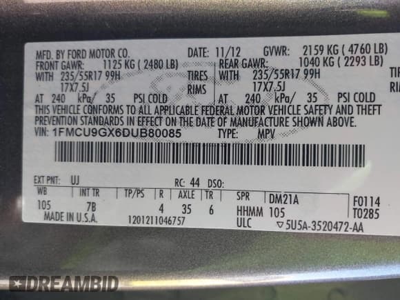 ✅ 2013 Ford Escape SE • VIN: 1FMCU9GX6DUB80085 • Lot: 43676828. Listed on IAAI with 146,765 mi. Free auction sales archive from the USA and detailed vehicle history report at DreamBid. Image 9.