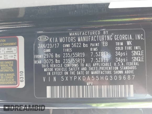 ✅ 2017 Kia Sorento SX • VIN: 5XYPKDA55HG309687 • Lot: 43603520. Listed on IAAI with 146,748 mi. Free auction sales archive from the USA and detailed vehicle history report at DreamBid. Image 9.