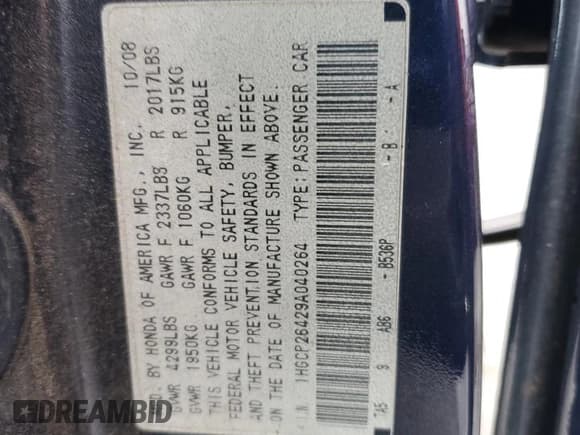 ✅ 2009 Honda Accord LX-P • VIN: 1HGCP26429A040264 • Lot: 89817935. Listed on Copart with 389,611 mi. Free auction sales archive from the USA and detailed vehicle history report at DreamBid. Image 13.