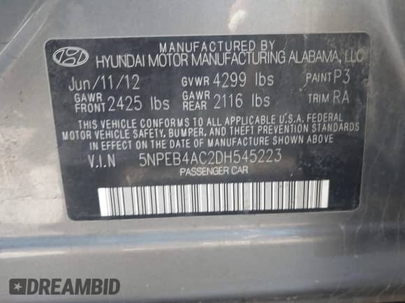 2013 Hyundai Sonata GLS with VIN 5NPEB4AC2DH545223, listed as a IAAI auction lot 43440345 with 233,226 mi miles and . Bid and sale history available at DreamBid. Image 9.