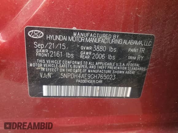 2016 Hyundai Elantra SE with VIN 5NPDH4AE9GH765023, listed as a Copart auction lot 89693915 with 95,505 mi miles and Salvage title. Bid and sale history available at DreamBid. Image 12.