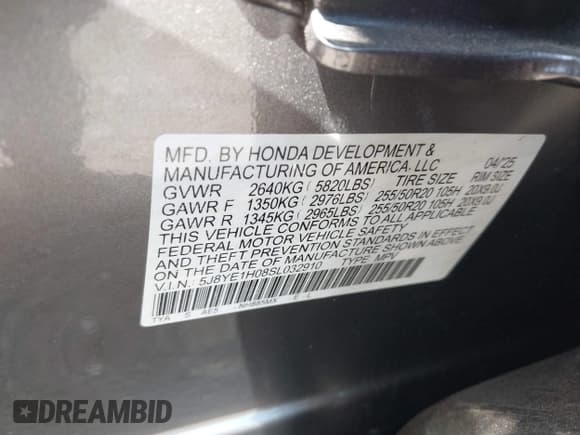 ✅ 2025 Acura MDX w/A-Spec Package • VIN: 5J8YE1H08SL032910 • Lot: 42829553. Listed on IAAI with 1,356 mi. Free auction sales archive from the USA and detailed vehicle history report at DreamBid. Image 9.