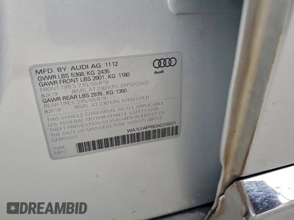 ✅ 2013 Audi Q5 Premium Plus • VIN: WA1LFAFP8DA033831 • Lot: 96341445. Listed on Copart with 136,634 mi. Free auction sales archive from the USA and detailed vehicle history report at DreamBid. Image 13.