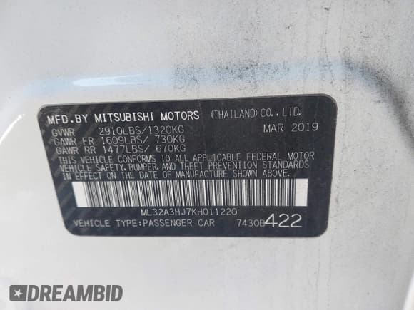✅ 2019 Mitsubishi Mirage ES • VIN: ML32A3HJ7KH011220 • Lot: 43806921. Listed on IAAI with 118,940 mi. Free auction sales archive from the USA and detailed vehicle history report at DreamBid. Image 9.