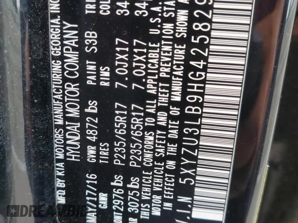 ✅ 2017 Hyundai Santa Fe 2.4L • VIN: 5XYZU3LB9HG425829 • Лот: 62344614. Опубликован ранее на Copart с пробегом Не указан. Бесплатный доступ к архиву аукционных продаж из США и подробный отчёт об истории автомобиля на DreamBid. Изображение 15.