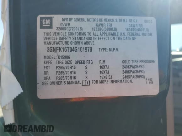 ✅ 2004 Chevrolet Suburban LT • VIN: 3GNFK16T04G101978 • Лот: 61268635. Опубликован ранее на Copart с пробегом 226 468 миль. Бесплатный доступ к архиву аукционных продаж из США и подробный отчёт об истории автомобиля на DreamBid. Изображение 13.