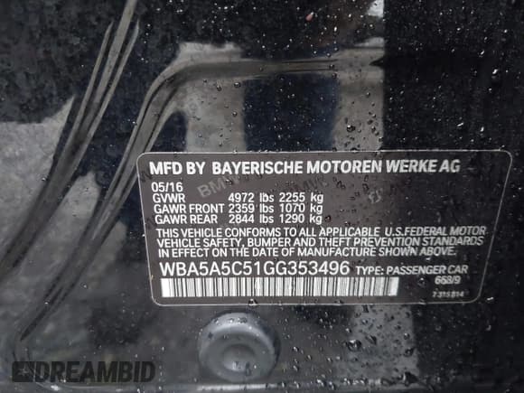 ✅ 2016 BMW 5 Series 528i • VIN: WBA5A5C51GG353496 • Lot: 43552689. Listed on IAAI with 162,233 mi. Free auction sales archive from the USA and detailed vehicle history report at DreamBid. Image 9.