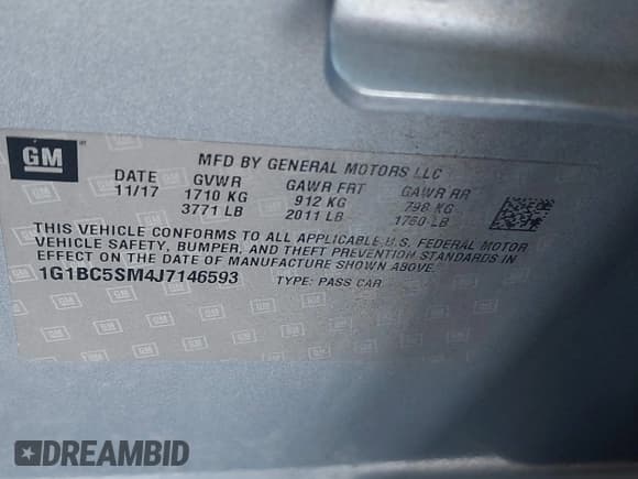 ✅ 2018 Chevrolet Cruze LS • VIN: 1G1BC5SM4J7146593 • Lot: 43677639. Listed on IAAI with 169,172 mi. Free auction sales archive from the USA and detailed vehicle history report at DreamBid. Image 9.