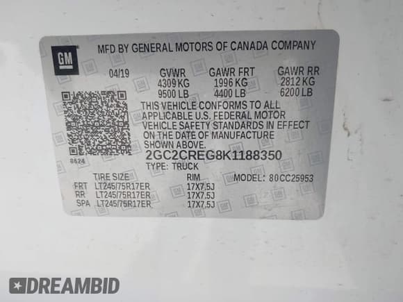 ✅ 2019 Chevrolet Silverado 2500HD Work Truck • VIN: 2GC2CREG8K1188350 • Lot: 43491066. Listed on IAAI with 96,576 mi. Free auction sales archive from the USA and detailed vehicle history report at DreamBid. Image 9.