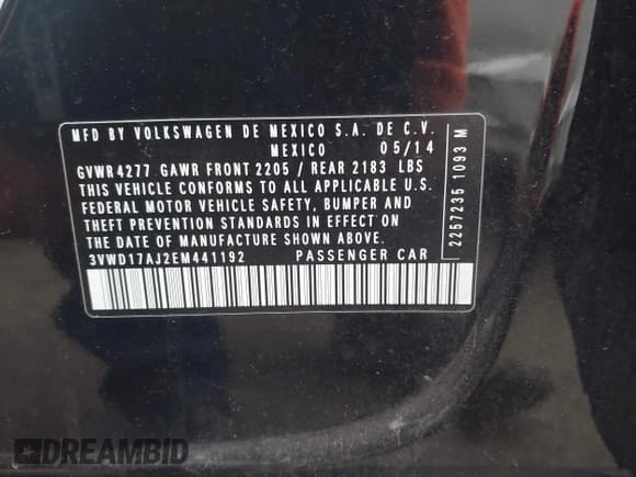 ✅ 2014 Volkswagen Jetta SE • VIN: 3VWD17AJ2EM441192 • Lot: 43787918. Listed on IAAI with 93,206 mi. Free auction sales archive from the USA and detailed vehicle history report at DreamBid. Image 9.