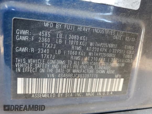 ✅ 2011 Subaru Outback Limited • VIN: 4S4BRBJC8B3397778 • Lot: 82109575. Listed on Copart with 133,980 mi. Free auction sales archive from the USA and detailed vehicle history report at DreamBid. Image 13.