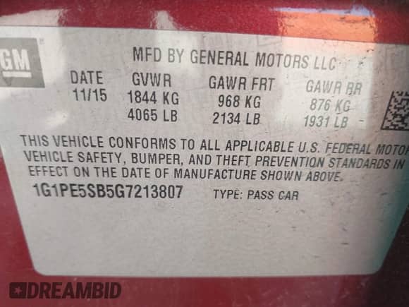 2016 Chevrolet Cruze LT with VIN 1G1PE5SB5G7213807, listed as a IAAI auction lot 43616094 with 118,326 mi miles and . Bid and sale history available at DreamBid. Image 9.