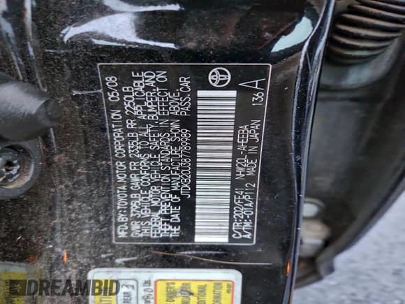 ✅ 2008 Toyota Prius • VIN: JTDKB20U387789989 • Lot: 95449275. Listed on Copart with 200,555 mi. Free auction sales archive from the USA and detailed vehicle history report at DreamBid. Image 12.