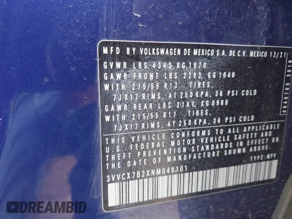 ✅ 2022 Volkswagen Taos S • VIN: 3VVCX7B2XNM049101 • Lot: 43172201. Listed on IAAI with 60,449 mi. Free auction sales archive from the USA and detailed vehicle history report at DreamBid. Image 9.