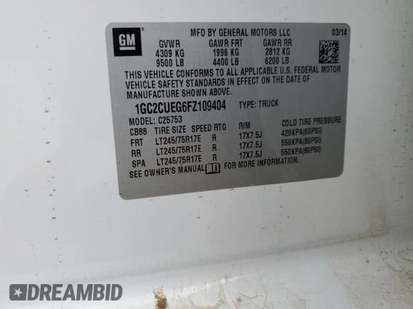 ✅ 2015 Chevrolet Silverado 2500HD Work Truck • VIN: 1GC2CUEG6FZ109404 • Лот: 82075945. Опубликован ранее на Copart с пробегом 159 816 миль. Бесплатный доступ к архиву аукционных продаж из США и подробный отчёт об истории автомобиля на DreamBid. Изображение 13.