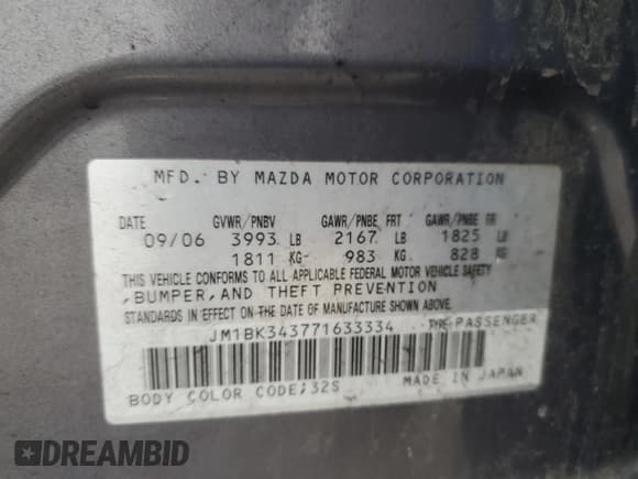 ✅ 2007 Mazda 3 S Touring • VIN: JM1BK343771633334 • Lot: 54780335. Listed on Copart with 178,367 mi. Free auction sales archive from the USA and detailed vehicle history report at DreamBid. Image 12.