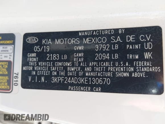 ✅ 2019 Kia Forte LXS • VIN: 3KPF24AD3KE130670 • Lot: 43478489. Listed on IAAI with 149,686 mi. Free auction sales archive from the USA and detailed vehicle history report at DreamBid. Image 9.