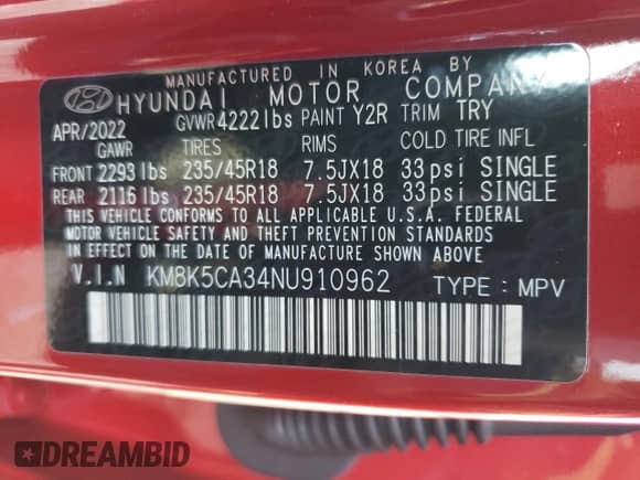 2022 Hyundai Kona Limited z VIN KM8K5CA34NU910962, wystawiony jako Copart lot #40102183 z przebiegiem 9 438 mil mil oraz . Historia ofert i sprzedaży dostępna na DreamBid. Obrazek 14.